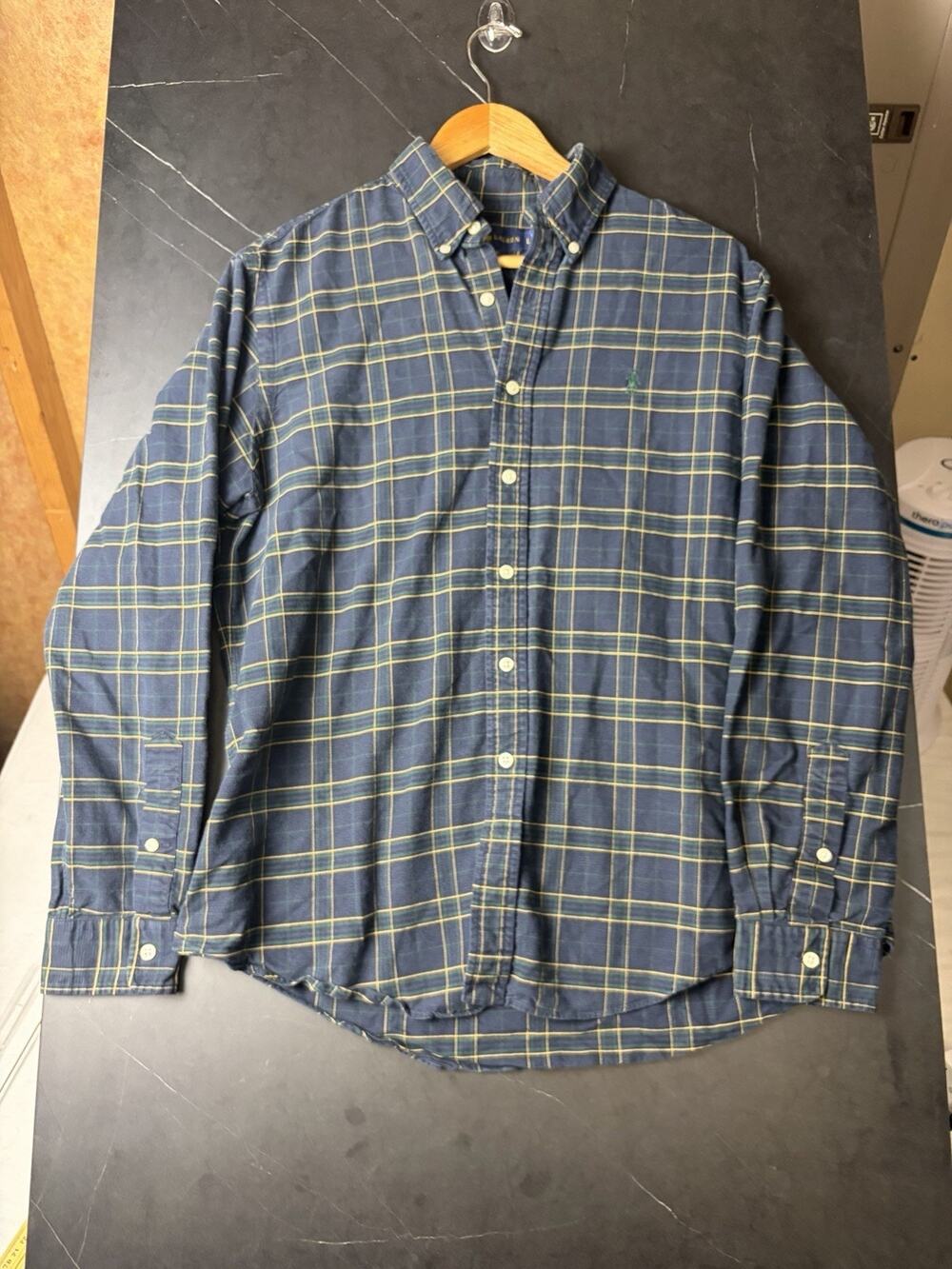Ralph Lauren Shirt Men’s L Custom Fit Blue Green Plaid Button Down Preppy Pony